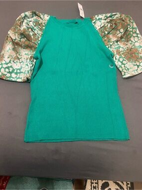 New York & Company Teal Ribbed Top with Metallic Gold-Pearl Puff Sleeves